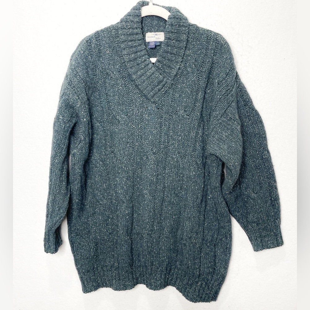 Scottish Isles Wool Alpaca Silk Cotton Shawl Collar Chunky Sweater Green Large
